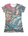 Batman signal graphic on a white women's t-shirt.