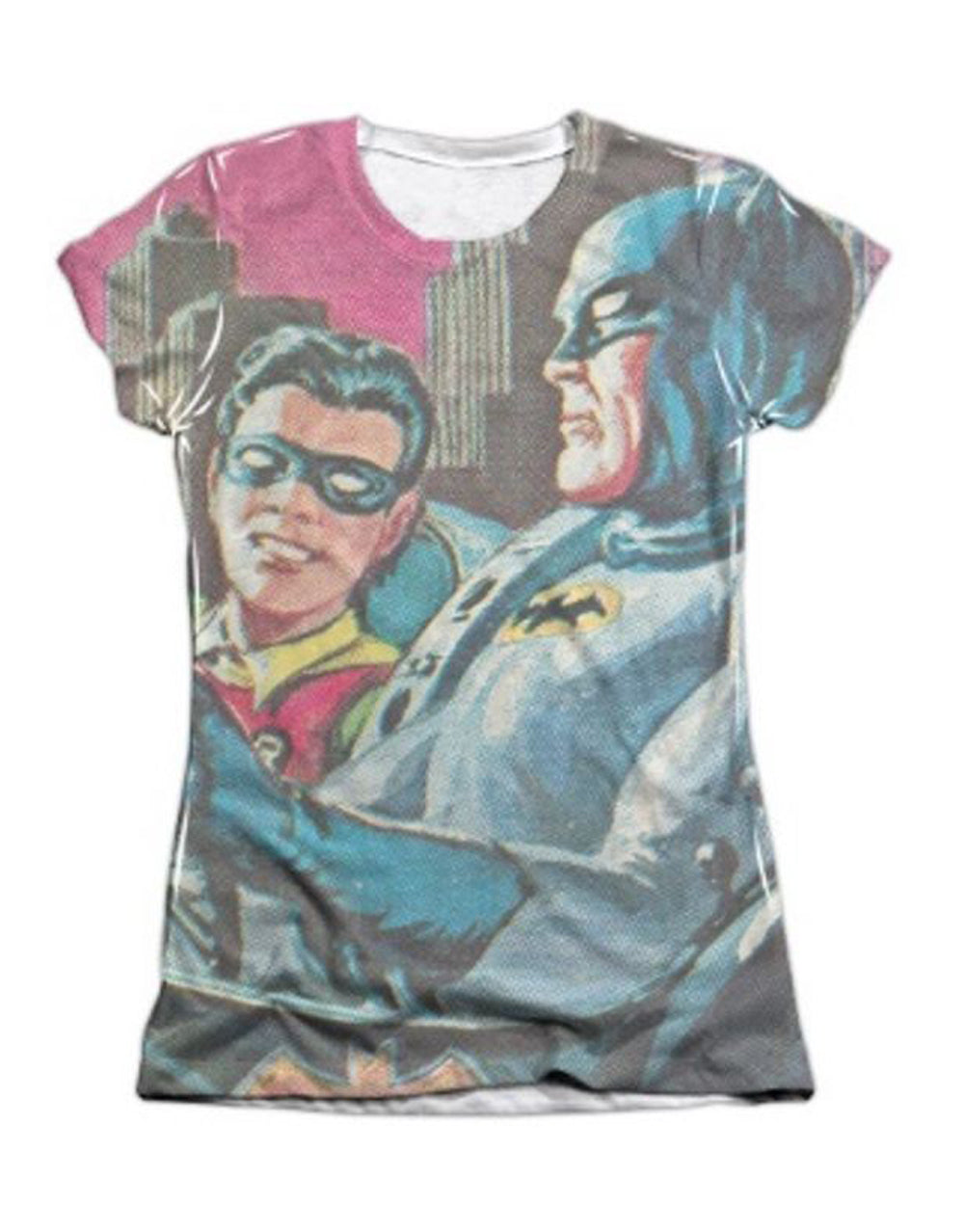 Batman signal graphic on a white women's t-shirt.