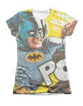 Batman on the chin graphic on a white women's t-shirt.