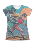 Batman and Robin let's go graphic on a white women's t-shirt.
