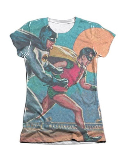 Batman and Robin let's go graphic on a white women's t-shirt.