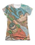 Batman and Robin nightly patrol graphic on a white women's t-shirt.