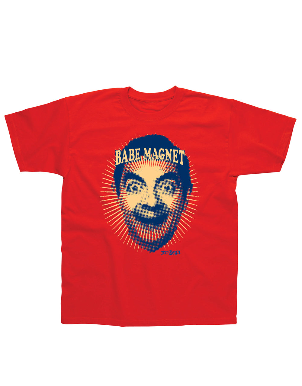 Mr Bean babe magnet graphic on a red adult t-shirt.