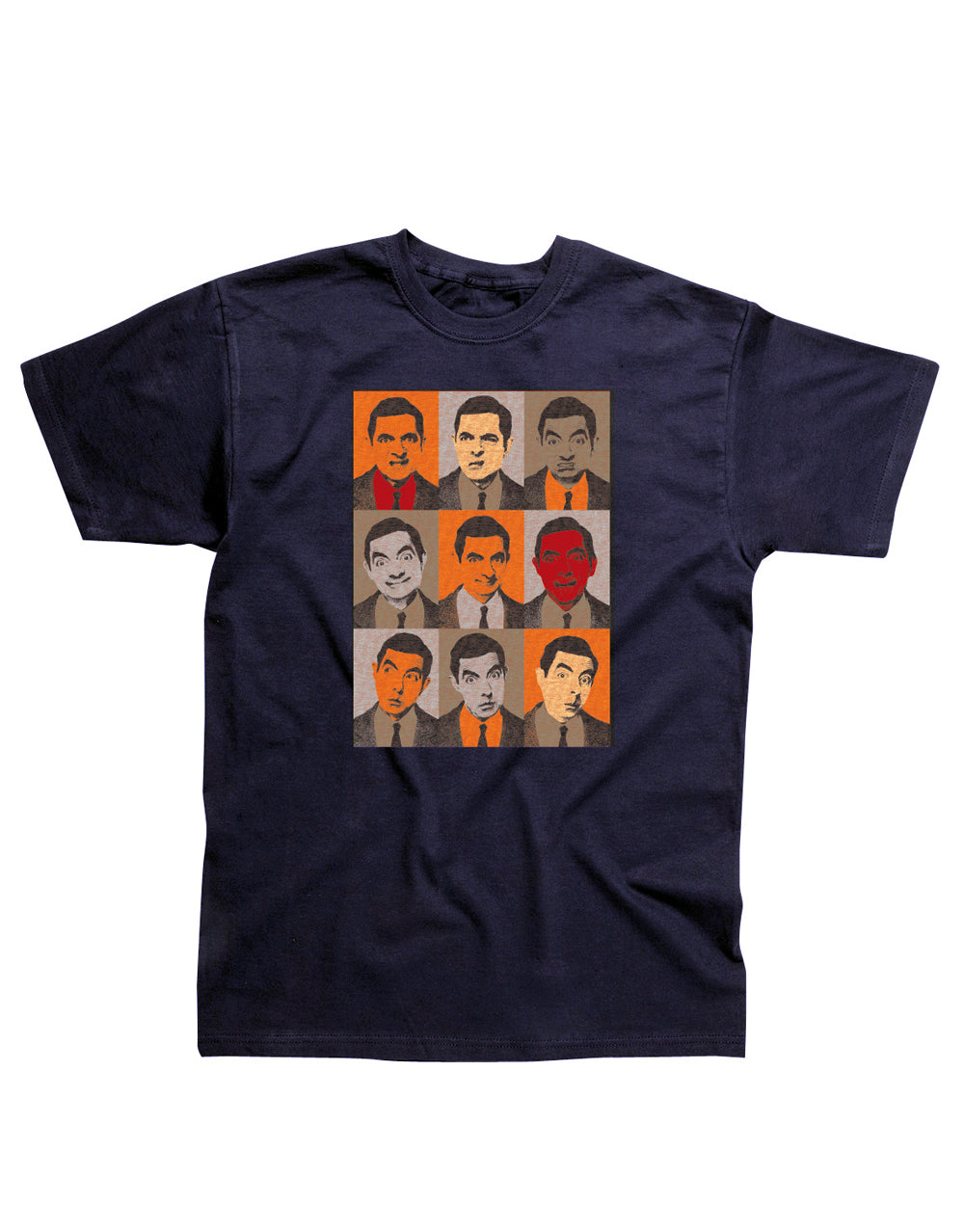 Mr Bean nine beans graphic on a navy blue adult t-shirt.