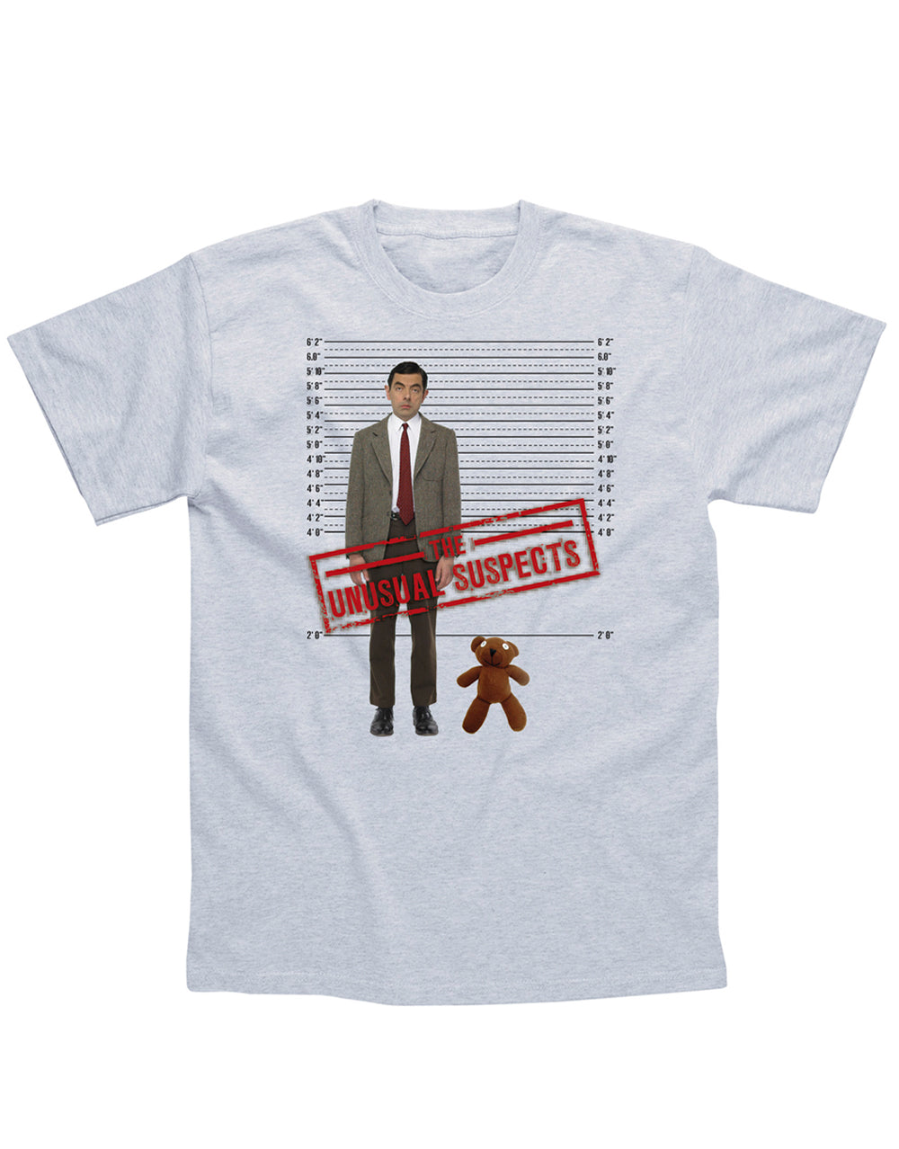 Mr Bean the unusual suspects graphic on a grey adult t-shirt.