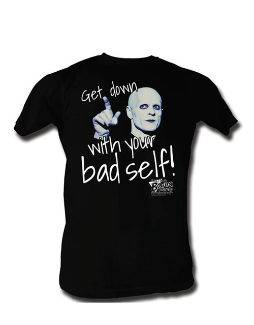 Bill & Teds Bogus Journey get down graphic on a black adult t-shirt.