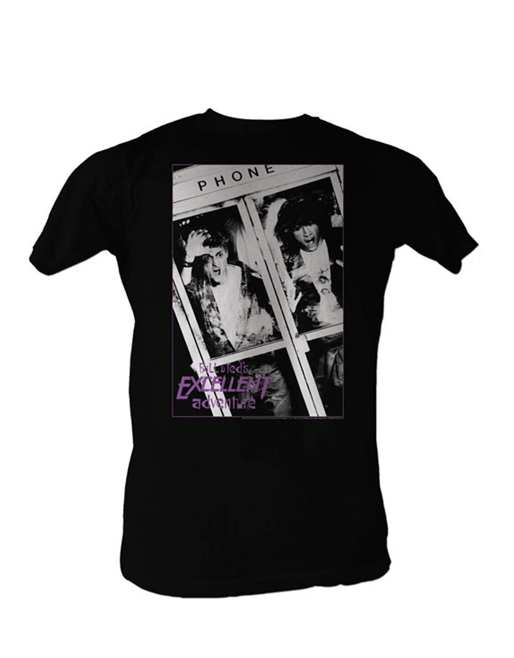 Bill & Teds Excellent Adventure time machine graphic on a black adult t-shirt.