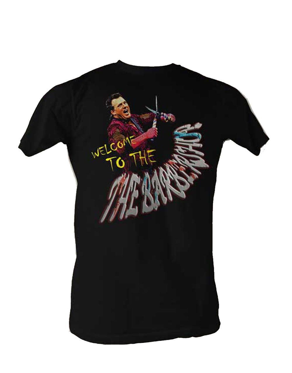 WWE Brutus the Barber beecake graphic on a black adult t-shirt.