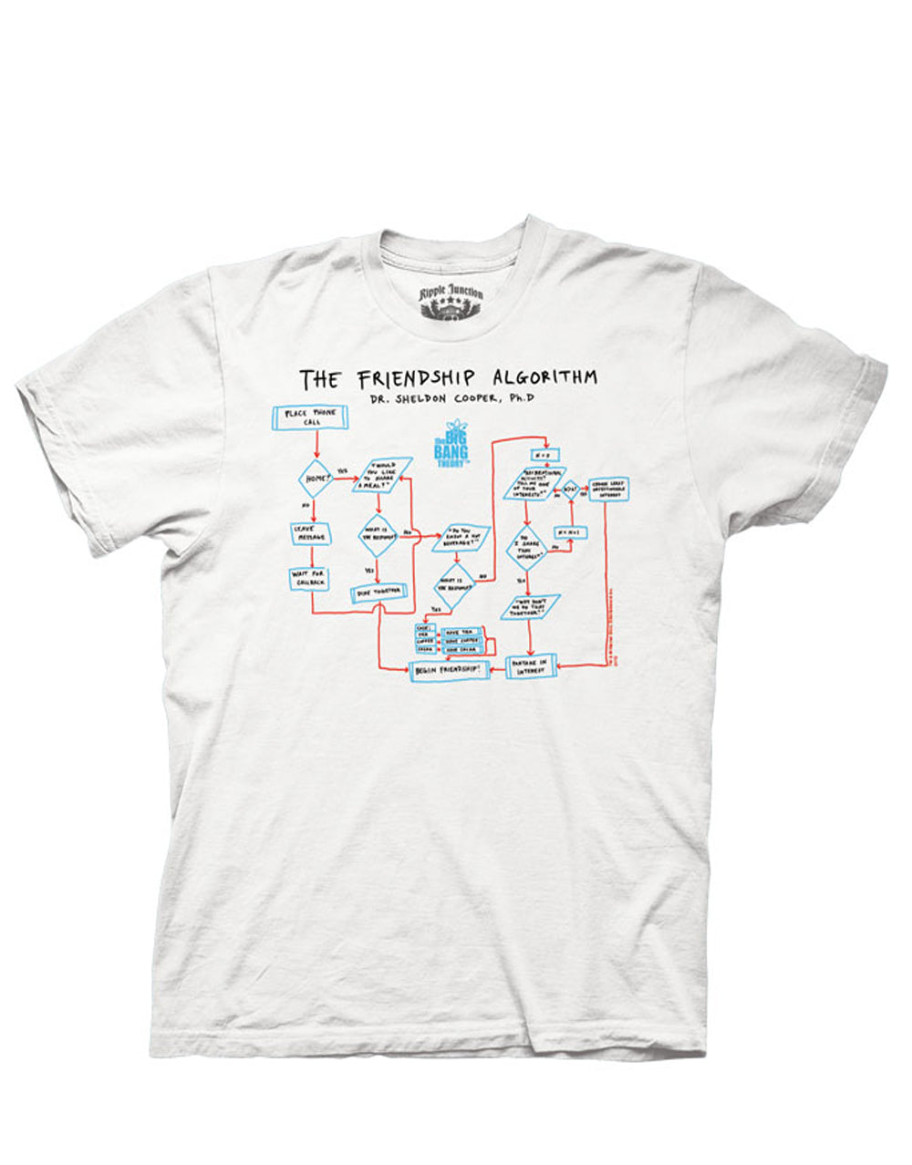 The Big Bang Theory "Friendship Algorithm" flow chart diagram on a white adult t-shirt.