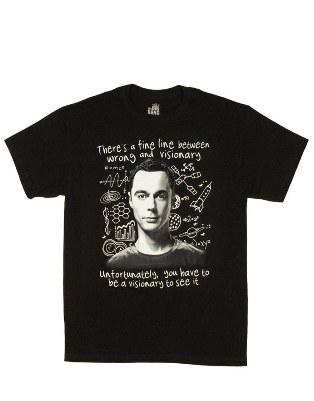 The Big Bang Theory "Visionary Sheldon" graphic print on a black adult t-shirt.