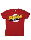 The Big Bang Theory classic "Bazinga!" text graphic on a red adult t-shirt.