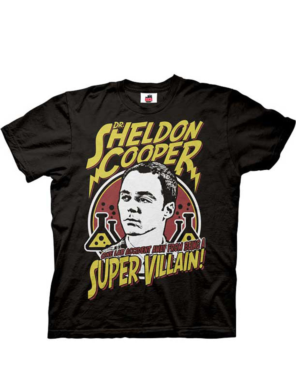 The Big Bang Theory "Super Villain" graphic themed print on a black adult t-shirt.