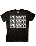 The Big Bang Theory Sheldon's iconic "Knock Knock Penny" catchphrase design on a black adult tee.