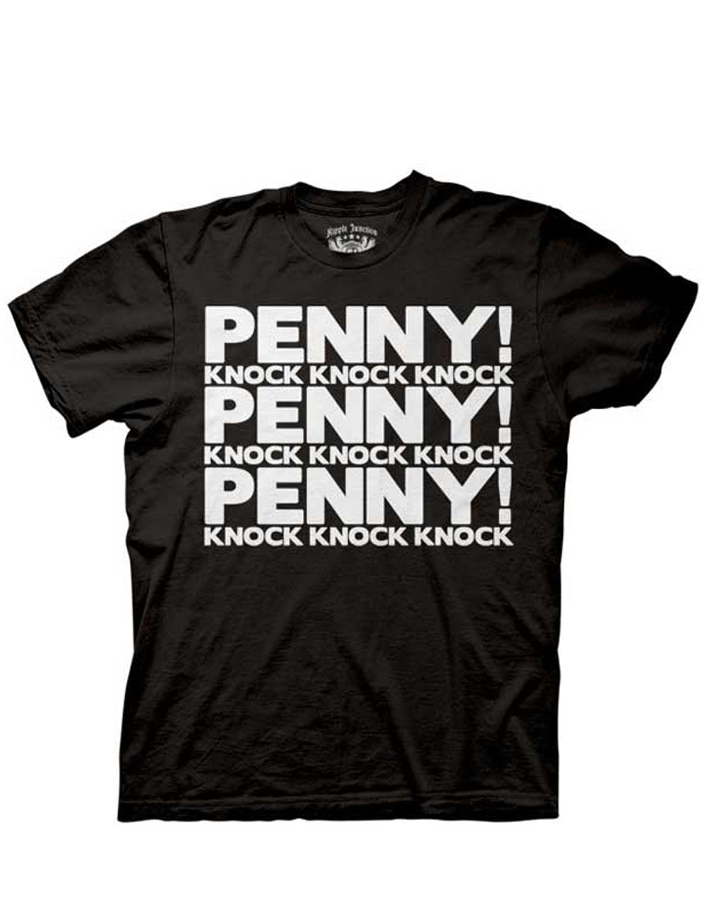 The Big Bang Theory Sheldon's iconic "Knock Knock Penny" catchphrase design on a black adult tee.