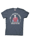 The Big Bang Theory "Beaten Up In School" humor design on a blue adult t-shirt.