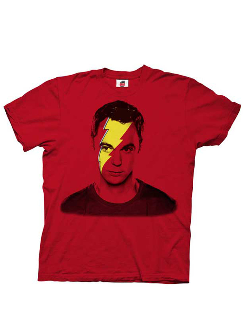 The Big Bang Theory Sheldon Cooper lightning bolt design on a red adult tee.