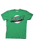 The Big Bang Theory "Bazinga!" slogan graphic on a green adult t-shirt.