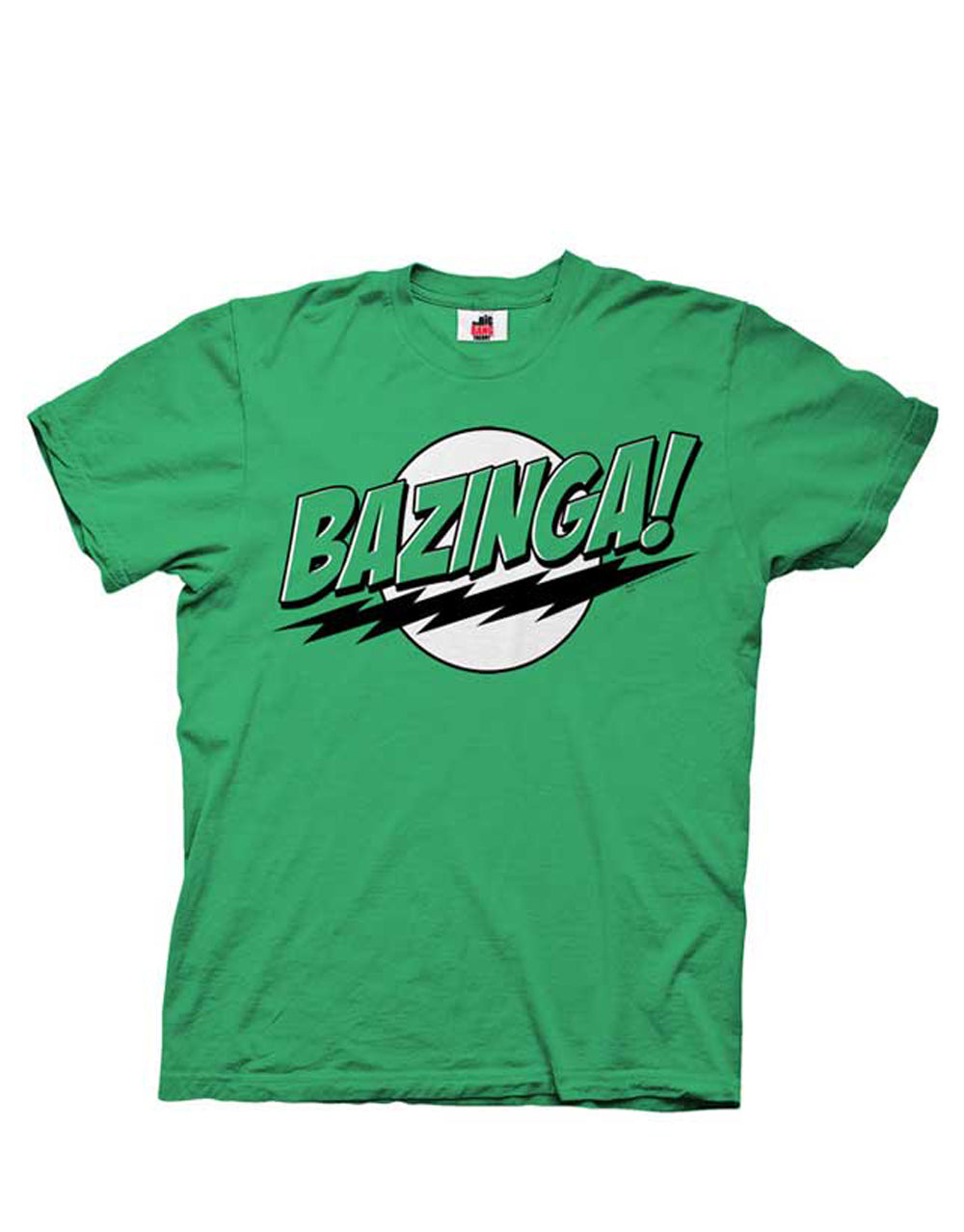 The Big Bang Theory "Bazinga!" slogan graphic on a green adult t-shirt.