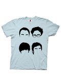 The Big Bang Theory cast hair silhouettes minimalist graphic on a blue adult t-shirt.
