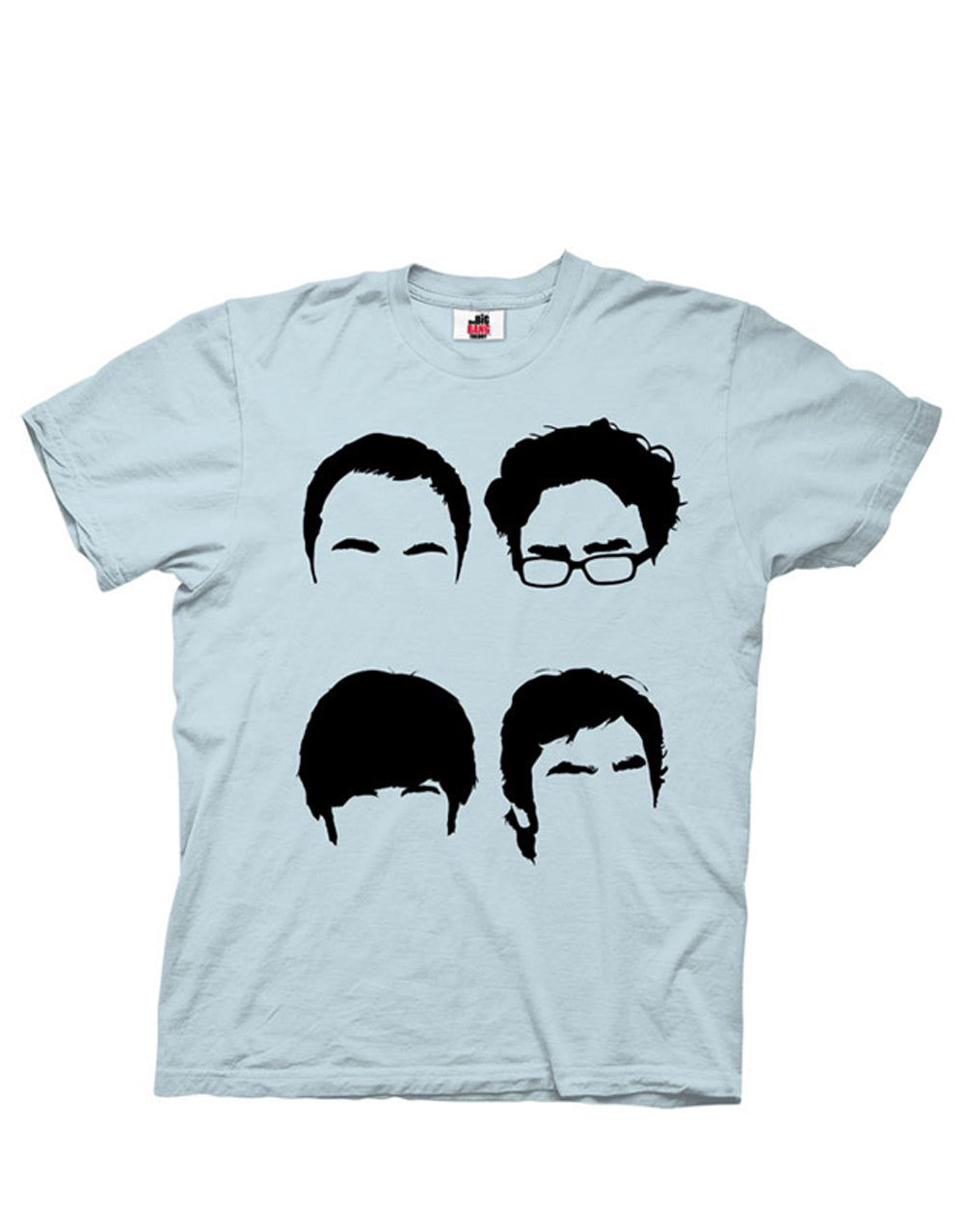 The Big Bang Theory cast hair silhouettes minimalist graphic on a blue adult t-shirt.