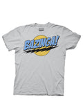 The Big Bang Theory "Bazinga!" bold text design on a grey adult t-shirt.