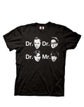 The Big Bang Theory Dr. and Mr. character faces design printed on a black adult t-shirt.