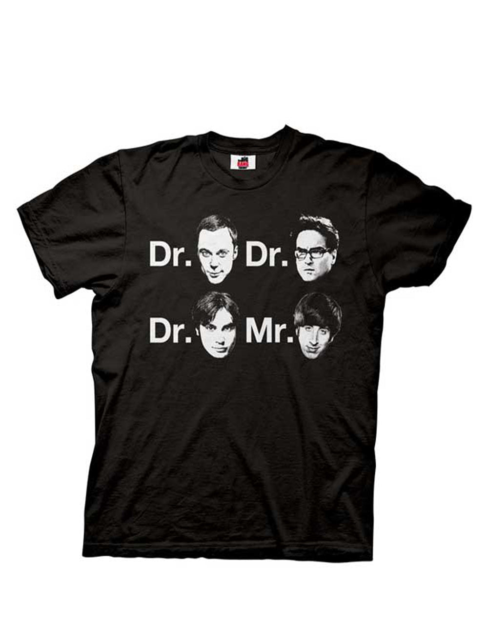 The Big Bang Theory Dr. and Mr. character faces design printed on a black adult t-shirt.
