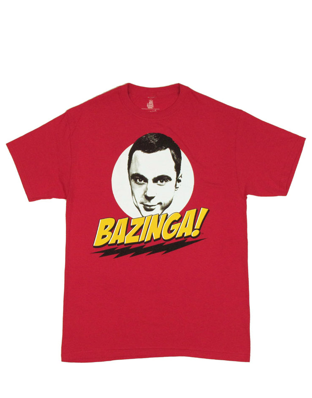 The Big Bang Theory Sheldon Cooper "Bazinga!" lightning bolt graphic on a red adult t-shirt.