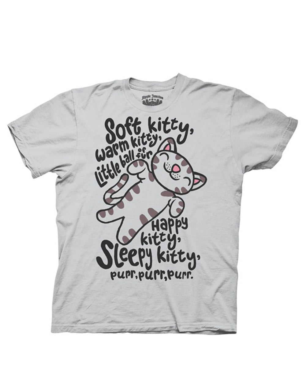 The Big Bang Theory "Soft Kitty" lullaby song illustration on a grey adult t-shirt.