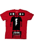 The Big Bang Theory Shel-bot robot costume design on a red adult t-shirt.