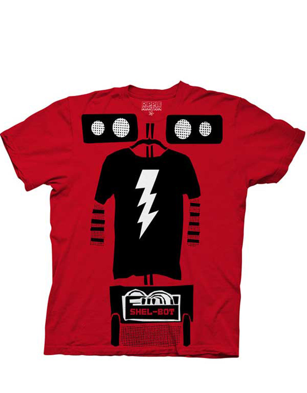 The Big Bang Theory Shel-bot robot costume design on a red adult t-shirt.