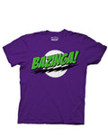 The Big Bang Theory purple "Bazinga!" graphic design on an adult t-shirt.