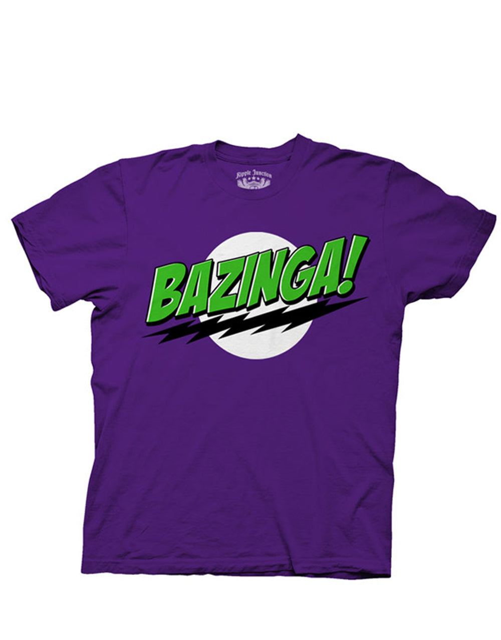 The Big Bang Theory purple "Bazinga!" graphic design on an adult t-shirt.