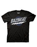 The Big Bang Theory "Bazinga!" graphic in bold red letters on a black adult t-shirt.