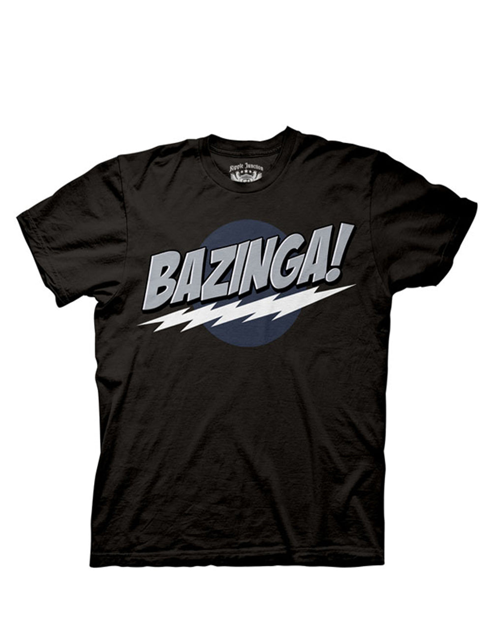 The Big Bang Theory "Bazinga!" graphic in bold red letters on a black adult t-shirt.