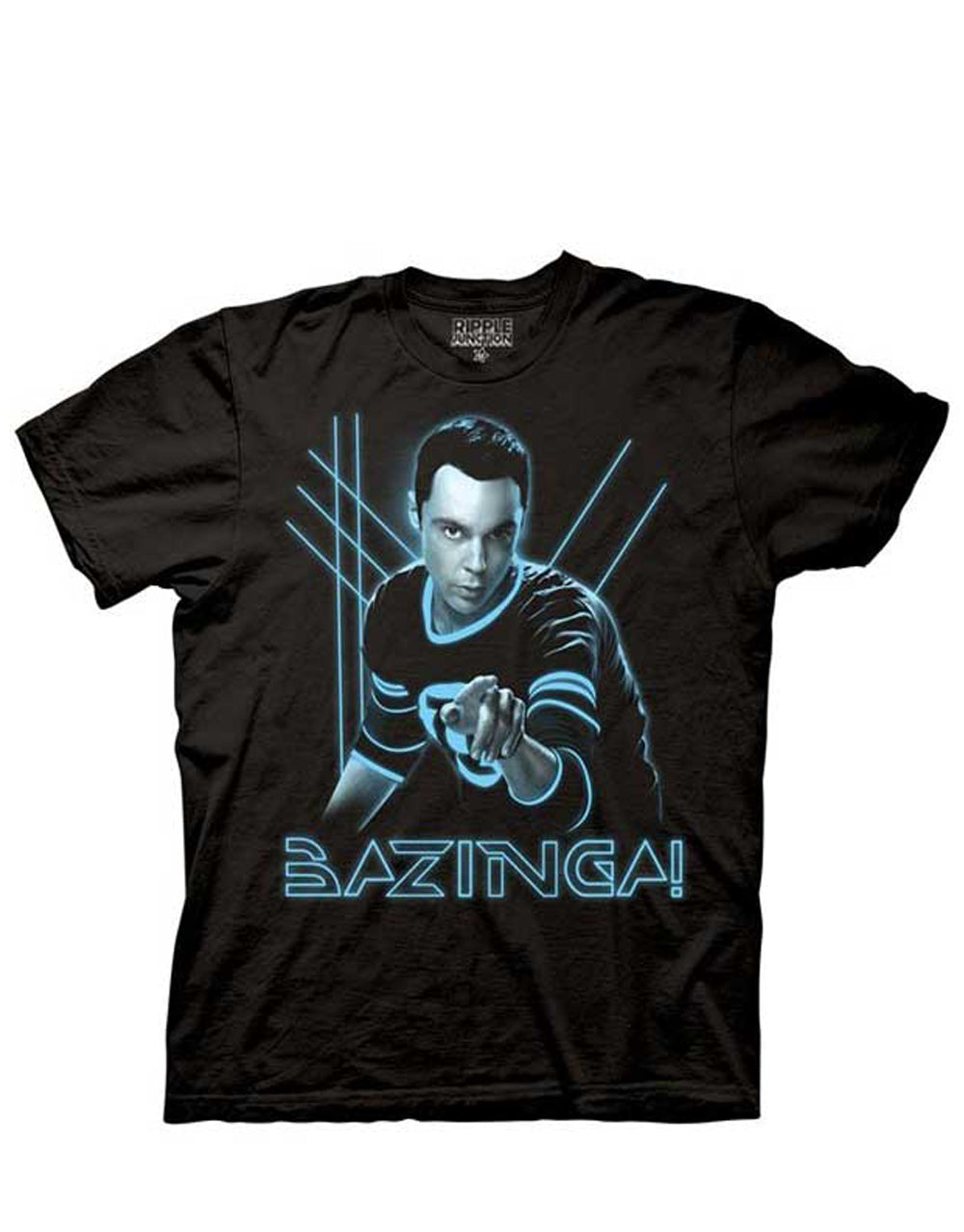 The Big Bang Theory glowing neon Sheldon graphic on a black adult t-shirt.