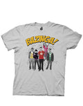 The Big Bang Theory cast photo design featuring the Bazinga logo on a grey adult t-shirt.