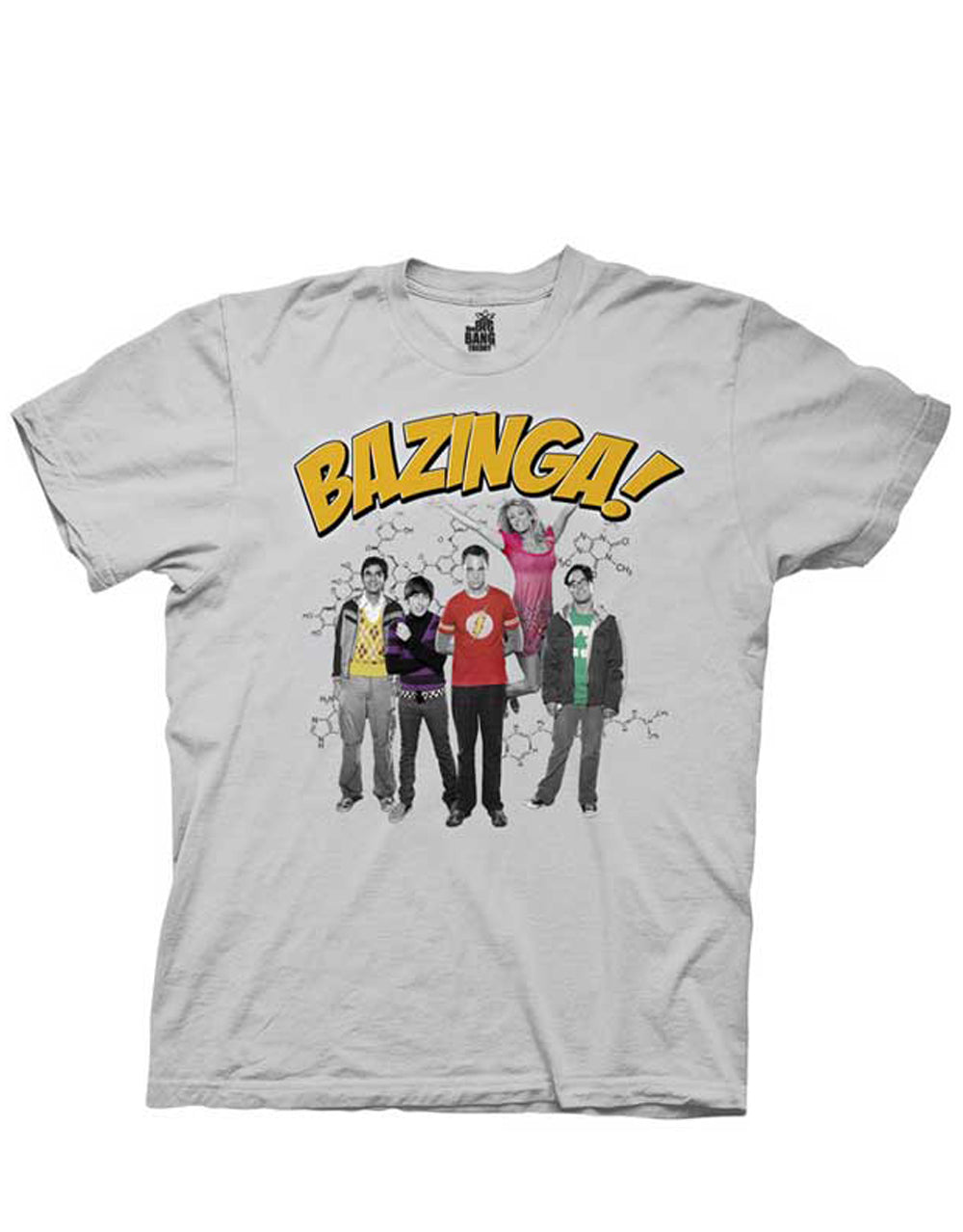The Big Bang Theory cast photo design featuring the Bazinga logo on a grey adult t-shirt.