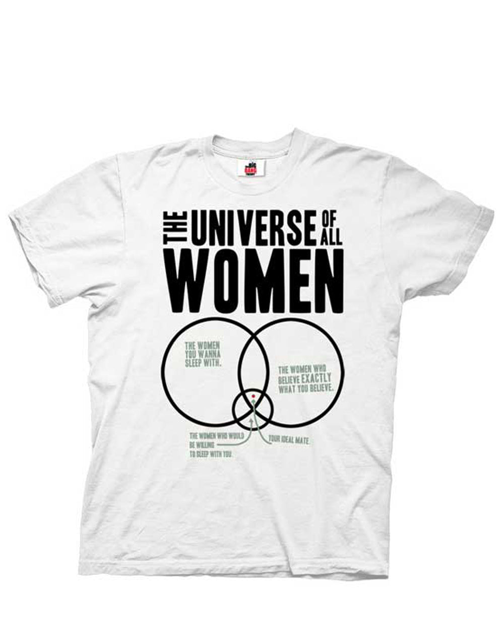 The Big Bang Theory space-themed "universe" graphic on a white adult t-shirt.