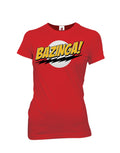 Bazinga graphic on a red women's t-shirt.