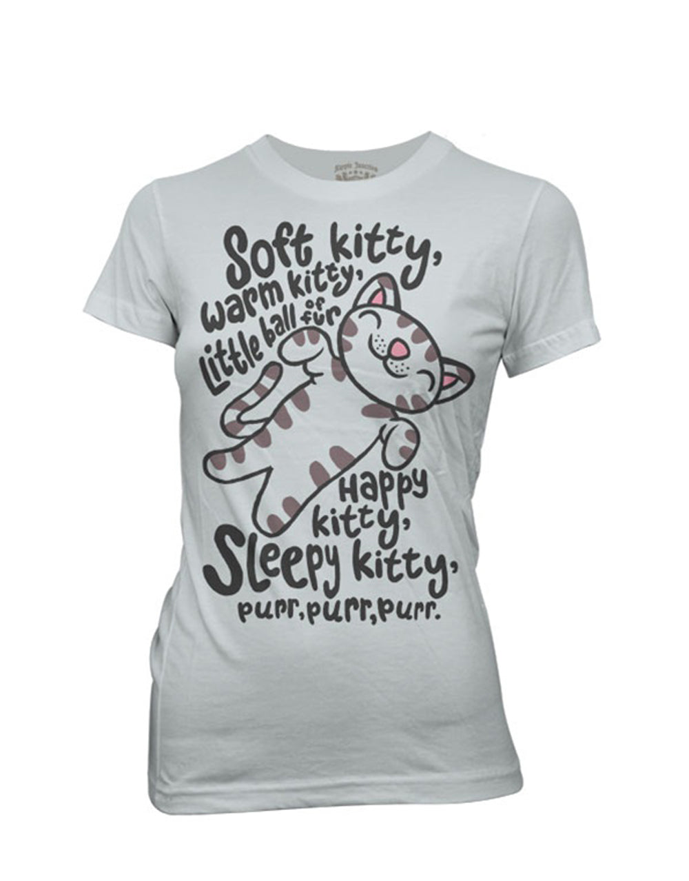 Soft Kitty graphic on a grey women's t-shirt.