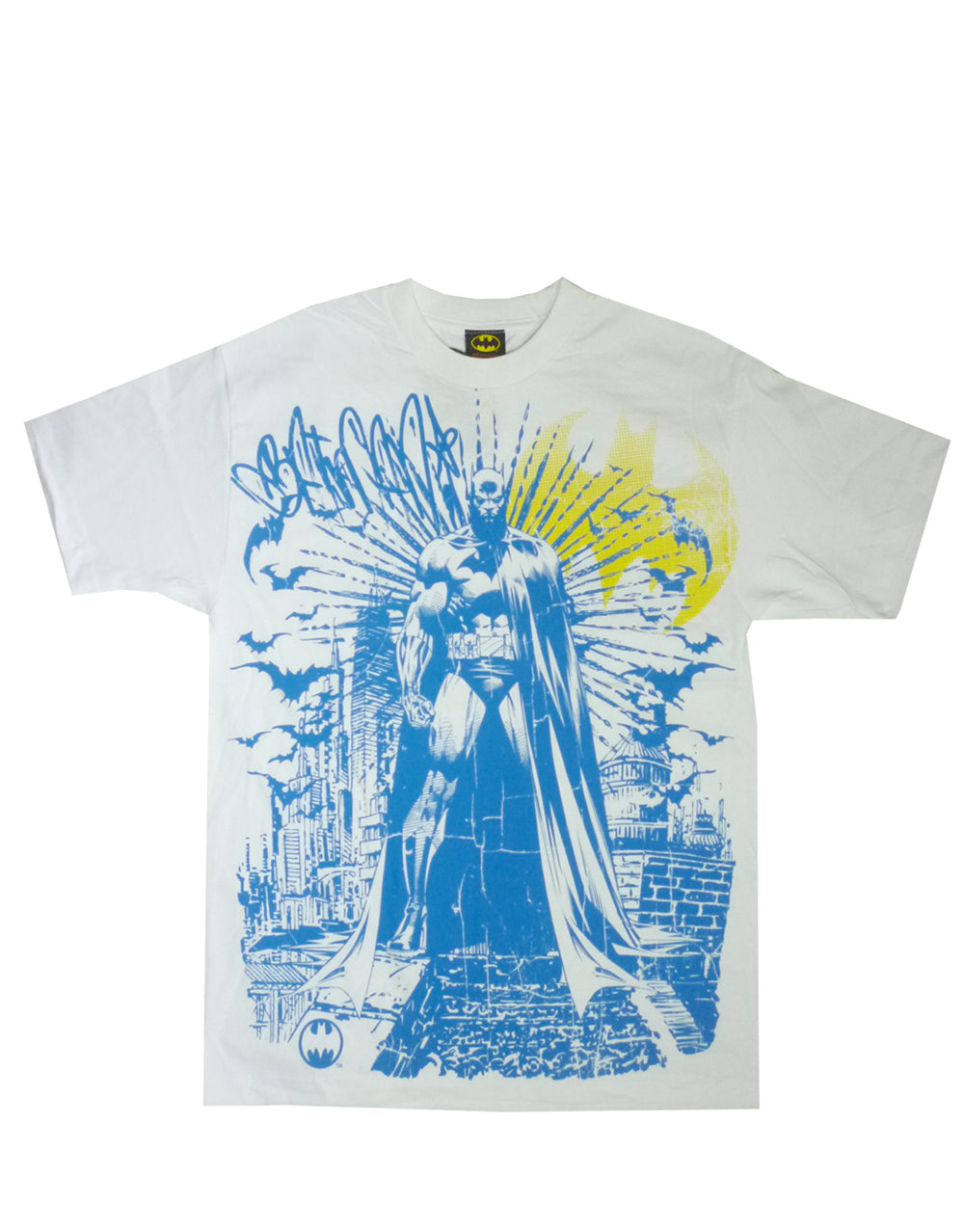 Batman avenge graphic on a white adult t-shirt.