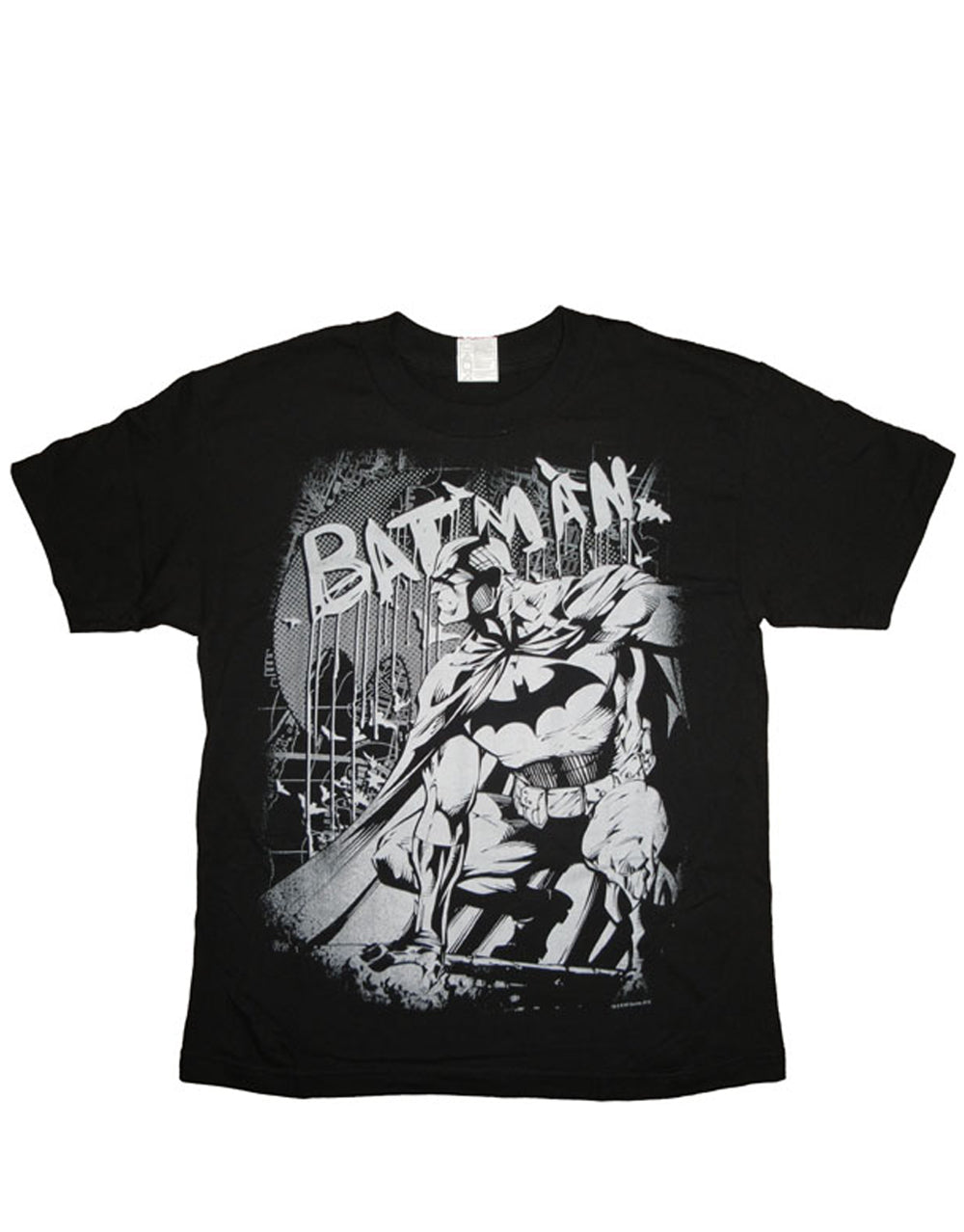 Batman perched bat graphic on a black adult t-shirt.