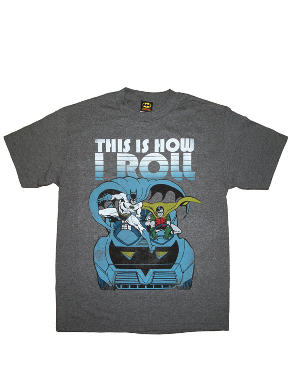 Batman & Robin roll dark grey graphic on a dark grey adult t-shirt.