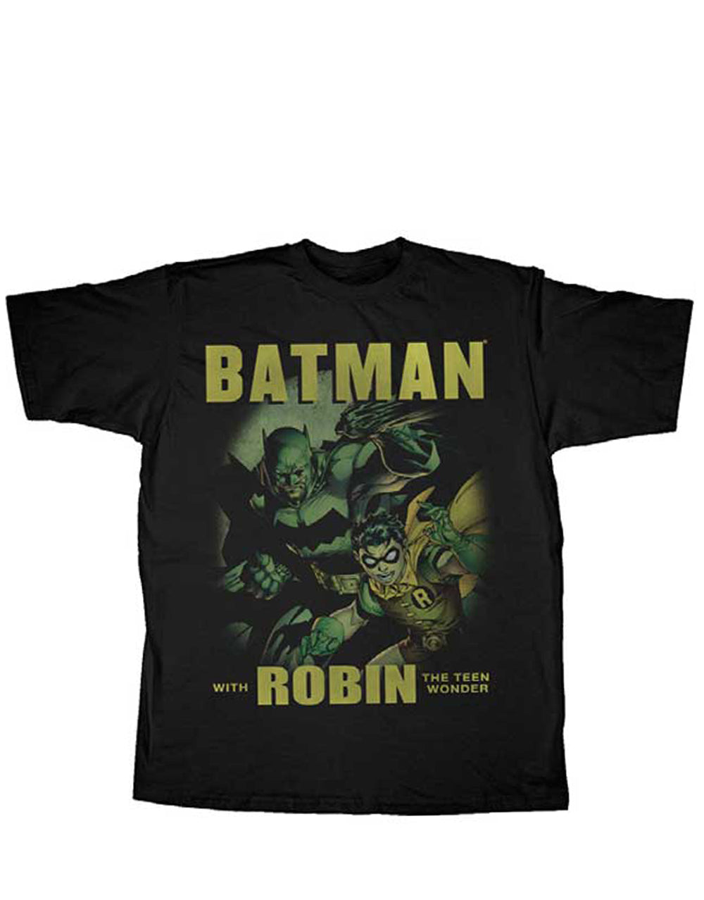 Batman and Robin night detectives graphic on a black adult t-shirt.