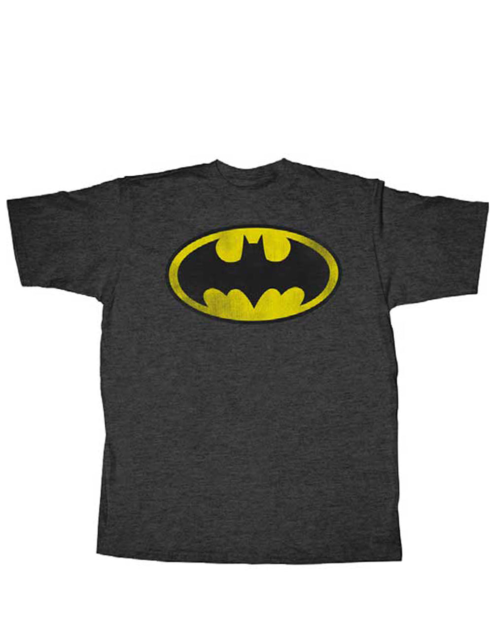 Batman distressed logo graphic on a dark grey adult t-shirt.