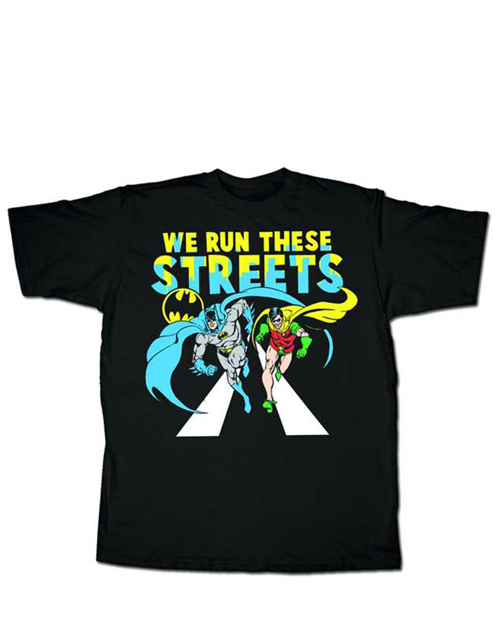 Batman & Robin these streets graphic on a black adult t-shirt.