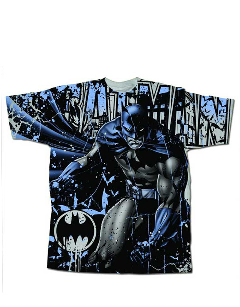 Batman Mr Bat graphic on a grey adult t-shirt.