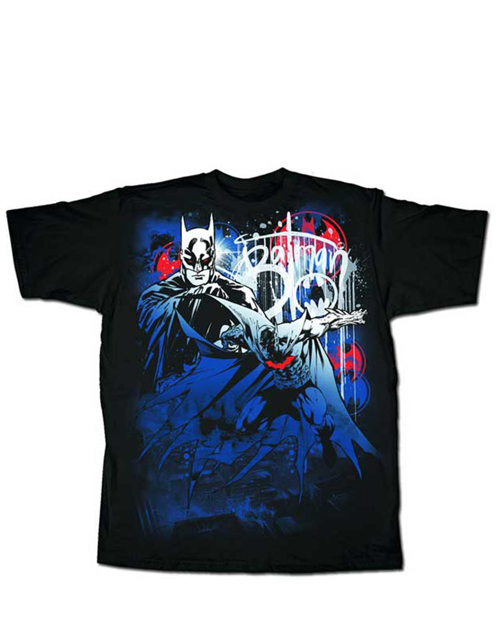 Batman city graphic on a black adult t-shirt.