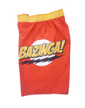 Bazinga graphic on a red adult board shorts.